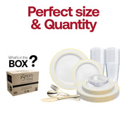 The White with Gold Edge Rim Plastic Wedding Value Set features 10.25" dinner plates, 7.5" appetizer plates, 7.25" forks, 8" knives, 6.25" spoons, and 4.5" cups, providing all the essential pieces needed for your gathering