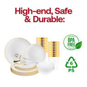 The White with Gold Organic Disposable Plastic Tableware Set features ideal proportions for luxurious weddings and formal events
