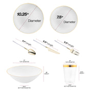 The White with Gold Organic Disposable Tableware Set includes 10.25” dinner plates, 7.5” appetizers, bowls, gold flatware, and 3.75” cups