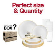 The White with Gold Rim Organic Round Disposable Plastic Wedding Value Set includes 10.25" dinner plates, 7.5" appetizer plates, 7.25" forks, 8" knives, 6.25" spoons, and 4.5" cups, providing all the key elements to elevate your gathering