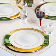 The White with Gold Rim Organic Round Disposable Plastic Wedding Value Set provides the ideal balance of size and quantity, offering a complete and refined tableware set for your celebration
