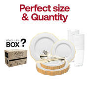 The White with Gold Rim Round Blossom Disposable Plastic Wedding Value Set includes a 10" dinner plate, 7.5" appetizer plate, 7.25" fork, 8" knives, 6.25" spoons, and 4.5" cups, offering everything you need for your celebration