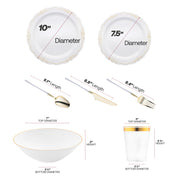 The White with Gold Vintage Tableware Set includes 10” plates, 7.5” appetizers, gold utensils, 7” bowls, and 3.75” matching cups