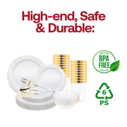 The White with Gold Vintage Tableware Set offers balanced serving sizes ideal for receptions, parties, and elegant seated dinners