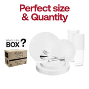 The White with Silver Antique Floral Round Disposable Plastic Wedding Value Set includes 10.25" dinner plates, 7.5" appetizer plates, 7.25" forks, 8" knives, 6.25" spoons, and 4.5" cups, ensuring everything you need for your gathering