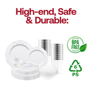 The White with Silver Blossom Dots Disposable Plastic Tableware Set offers balanced sizing for upscale parties and formal receptions