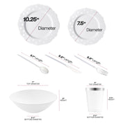 The White with Silver Blossom Dots Disposable Tableware Set features 10.25-inch dinner plates, 7.5-inch appetizers, forks, knives, spoons, 3.75-inch cups, and 7-inch bowls