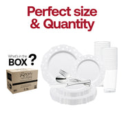 The White with Silver Dots Round Blossom Disposable Plastic Wedding Value Set includes 10.25" dinner plates, 7.5" appetizer plates, 7.25" forks, 8" knives, 6.25" spoons, and 4.5" cups, delivering a complete and harmonious set for your occasion