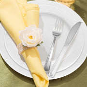The White with Silver Edge Rim Plastic Wedding Set offers perfect sizes and quantities for stylish large gatherings