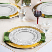 The White with Silver Hammered Rim Round Plastic Wedding Value Set comes in ideal sizes and quantities to serve guests at weddings, parties, or banquets effortlessly