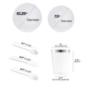The White with Silver Organic Disposable Tableware Set includes 10.25” dinner plates, 7.5” appetizers, flatware, and 3.75” cups