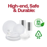 The White with Silver Organic Disposable Tableware Set offers perfectly sized pieces to serve weddings, receptions, and formal dinners