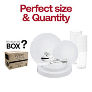 The White with Silver Rim Organic Round Disposable Plastic Wedding Value Set includes 10.25" dinner plates, 7.5" appetizer plates, 7.25" forks, 8" knives, 6.25" spoons, and 4.5" cups, providing all the essential pieces for your event