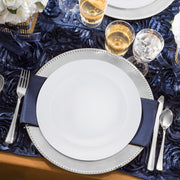 The White with Silver Rim Organic Round Disposable Plastic Wedding Value Set offers just the right size and quantity for your gathering, ensuring your guests have everything they need for a memorable event