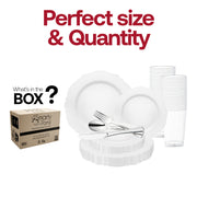 The White with Silver Rim Round Blossom Disposable Plastic Wedding Value Set includes 10" dinner plates, 7.5" appetizer plates, 7.25" forks, 8" knives, 6.25" spoons, and 4.5" cups, providing all the necessary items for your event.