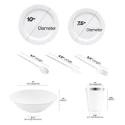 The White with Silver Vintage Tableware Set includes 10” plates, 7.5” appetizers, silver utensils, 7” bowls, and 3.75” cups