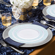 The White with Turquoise Blue and Silver Mosaic Rim Round Plastic Wedding Value Set includes the perfect size and quantity to serve guests at formal events, receptions, and celebrations
