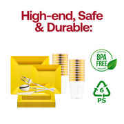 The Yellow Square Disposable Plastic Tableware Set delivers ideal sizing and quantities to accommodate grand celebrations