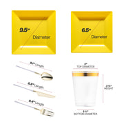 The Yellow Square Disposable Plastic Tableware Set includes 9.5-inch dinner plates, 6.5-inch appetizers, cutlery, and 4.5-inch cups