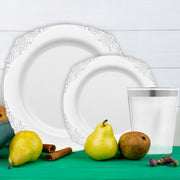 The silver detailing on white plates makes this tableware perfect for luxury events.