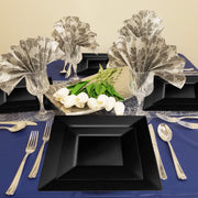 These 10.75" black plates held elegant entrees during an upscale catered dinner.