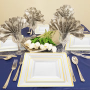 These gold-edged dinner plates add elegance to upscale weddings and anniversary banquets