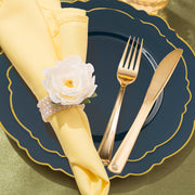 This Navy with Gold Rim Round Blossom Disposable Plastic Wedding Value Set offers the perfect balance of size and quantity to ensure you're fully prepared for your event
