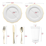 This White with Gold Rim Round Blossom Disposable Plastic Wedding Value Set is made from recyclable, BPA-free plastic, providing an eco-friendly and stylish choice for your gathering