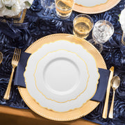 This White with Gold Rim Round Blossom Disposable Plastic Wedding Value Set provides the perfect amount of tableware for your event, offering a full set for your guests