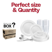 This White with Silver Edge Rim Plastic Wedding Value Set includes 10" dinner plates, 7.5" appetizer plates, 7.25" forks, 8" knives, 6.25" spoons, and 4.5" cups, covering all your tableware needs
