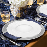 This White with Silver Rim Round Blossom Disposable Plastic Wedding Value Set offers the perfect combination of size and quantity to suit your event, ensuring all your guests are served in style
