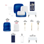 This bundle includes 8.5” buffet and 7.25” salad plates, 12 oz. cups, gold cutlery, napkins, and tablecloths (54” x 108”)