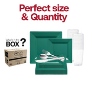 This complete set features 9.5-inch dinner plates, 6.5-inch appetizer plates, 7.25-inch forks, 8-inch knives, 6.25-inch spoons, and 4.5-inch cups