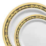 This disposable dinnerware set combines classic white with a sophisticated black and gold design