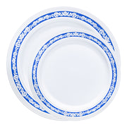 This disposable dinnerware set combines classic white with a sophisticated blue and silver design