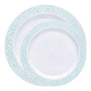 This disposable dinnerware set combines classic white with a turquoise blue and silver mosaic rim, perfect for adding a touch of luxury to your table