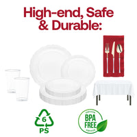 This disposable dinnerware set combines modern grace with gold elements for a truly fancy celebration..