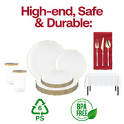 This disposable dinnerware set combines modern grace with gold elements for a truly fancy celebration.