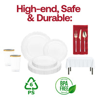 This disposable dinnerware set combines modern grace with gold elements for a truly fancy celebration