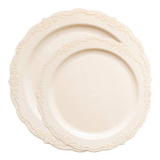 This disposable dinnerware set in soft ivory showcases a vintage round design, perfect for adding a touch of sophistication to your events