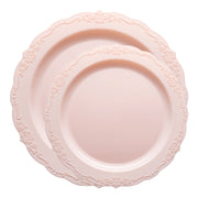 This disposable dinnerware set in soft pink showcases a vintage round design, perfect for enhancing your dining experience