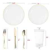 This plastic wedding set includes 10.25" dinner plate, 7.5" salad plate, 12 oz cup, fork, knife, and spoon