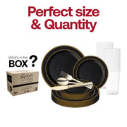 This set features 10.25-inch dinner plates, 7.5-inch appetizer plates, 7.25-inch forks, 8-inch knives, 6.25-inch spoons, and 4.5-inch cups