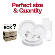 This set includes 10-inch dinner plates, 7.5-inch appetizer plates, 7.25-inch forks, 8-inch knives, 6.25-inch spoons, and 4.5-inch cups, all part of the White with Silver Vintage Rim Round Disposable Plastic Wedding Value Set