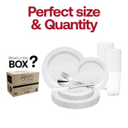 This set includes 10-inch dinner plates, 7.5-inch appetizer plates, 7.25-inch forks, 8-inch knives, 6.25-inch spoons, and 4.5-inch cups—part of the White Vintage Round Disposable Plastic Wedding Value Set