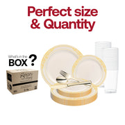 This set includes 10.25-inch dinner plates, 7.5-inch appetizer plates, 7.25-inch forks, 8-inch knives, 6.25-inch spoons, and 4.5-inch cups