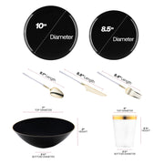 This set includes 10” dinner plates, 8.5” appetizers, gold utensils, elegant 7” bowls, and crystal-clear 3.75” drink cups