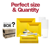 This set includes 9.5-inch dinner plates, 6.5-inch appetizer plates, 7.25-inch forks, 8-inch knives, 6.25-inch spoons, and 4.5-inch cups
