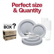This set includes a 10" dinner plate, 7.5" appetizer plate, 7.25" fork, 8" knife, 6.25" spoon, and 4.5" cup—providing a complete and coordinated dining experience