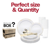This set includes all essentials: 10-inch dinner plates, 7.5-inch appetizer plates, 7.25-inch forks, 8-inch knives, 6.25-inch spoons, and 4.5-inch cups—making the White with Gold Vintage Rim Round Disposable Plastic Wedding Value Set both complete and convenient